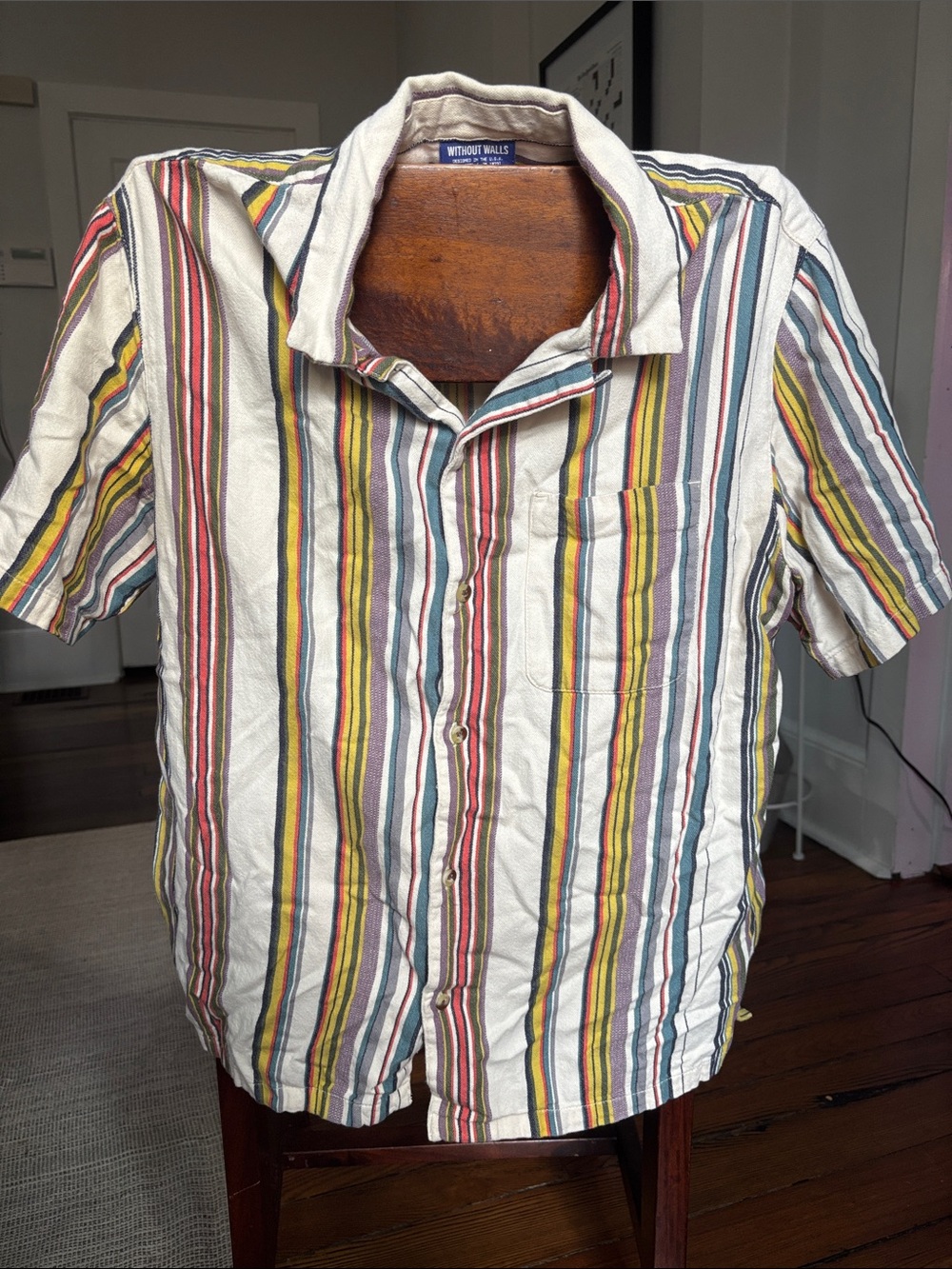 Without Walls Cream Multicolor Vertical Stripe Short-Sleeve Button-Up Shirt